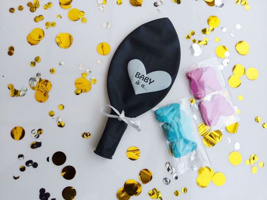 Picture of Gender Reveal Black Balloons Baby is a Confetti Blue Pink