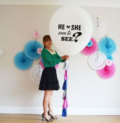 Picture of He or She Soon To see Printed Balloon Baby Shower  Giant 36 inch 3 feet Round Tassel Tails